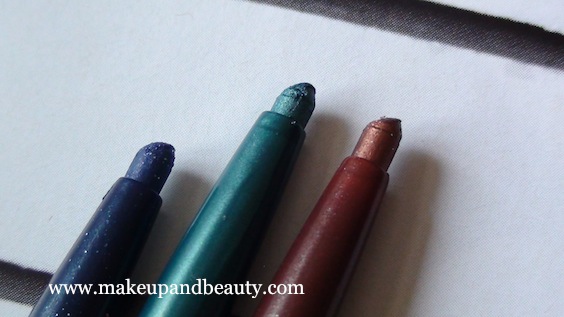 Eye Pencils l-R Aqua Green, Glitzy brown, sapphire. 
