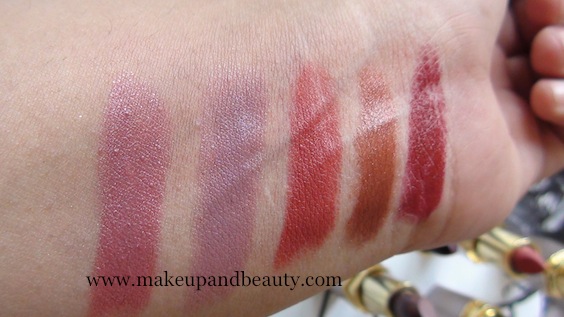 Swatches  l-R Star Glow, Orchid Kiss, lilac Beauty, red Rose, maroon delight