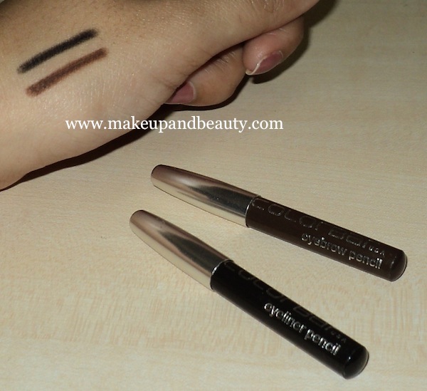 the eyeliner and eyebrow pencils with swatches