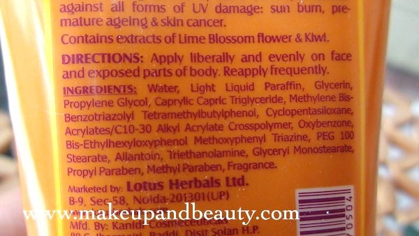 Lotus Herbals Anti Tan SPF 30 Sunscreen Ingredients