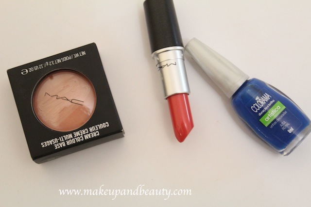 MAC Cream Colour base Hush, MAC Crosswires Lipstick, Maybelline Blue Nail Paint