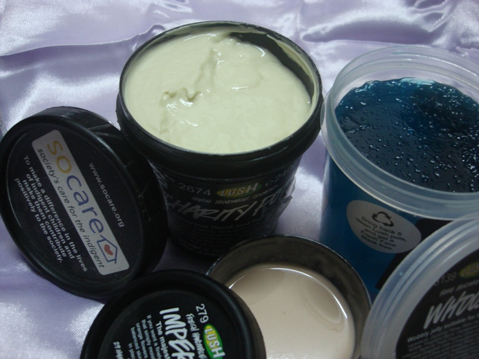 Charity pot body lotion(yellow),Whoosh shower jelly (blue) and Imprialis lotion (pink)