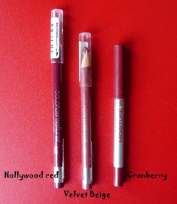 3 Maybelline Lip Liners Velvet Beige Cranberry and Hollywood Red