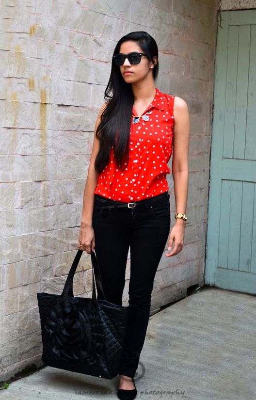 Black Jeans with Red Polka Dots Shirt