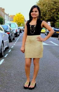 Outfit of the Day Black Top and Golden Skirt