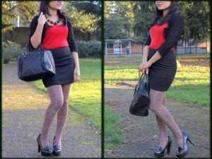 Outfit of the Day Black and Red Outfit with Leopard Print Tights