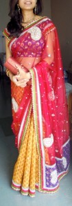 Outfit of the Day Red and Yellow Saree with Bronze Jewellery