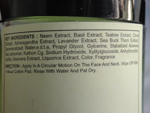 Khadi Aloe Vera, Neem & Basil massage gel ingredients