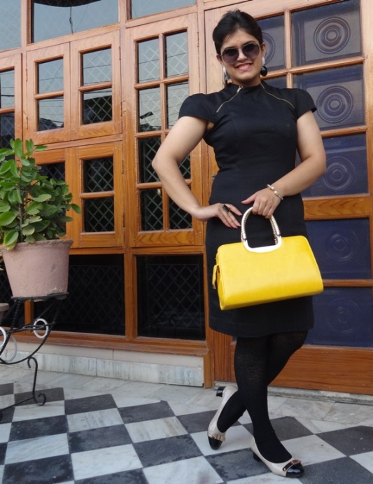 Outfit+of+the+Day+Puffed+Sleeve+Black+Dress+with+Neon+Handbag