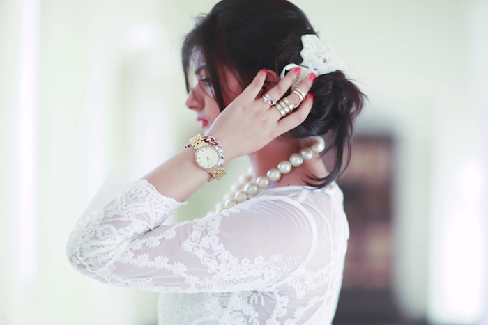 white lace dress pearls