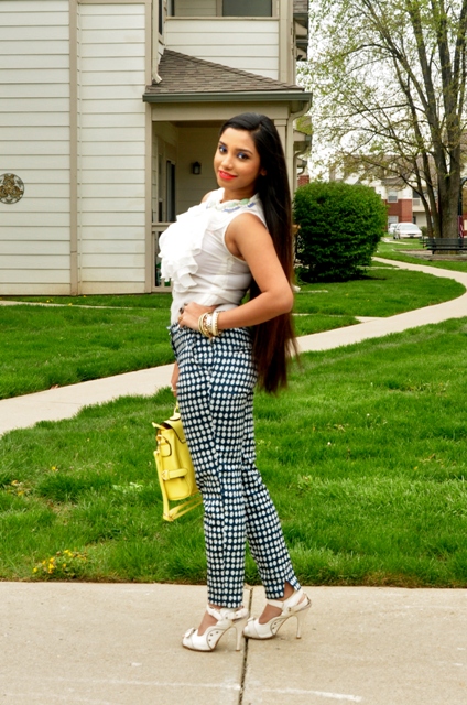 Outfit of the Day White Ruffle Top with Dotted Pants