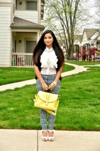 Outfit of the Day White Ruffle Top with Dotted Pants (2)