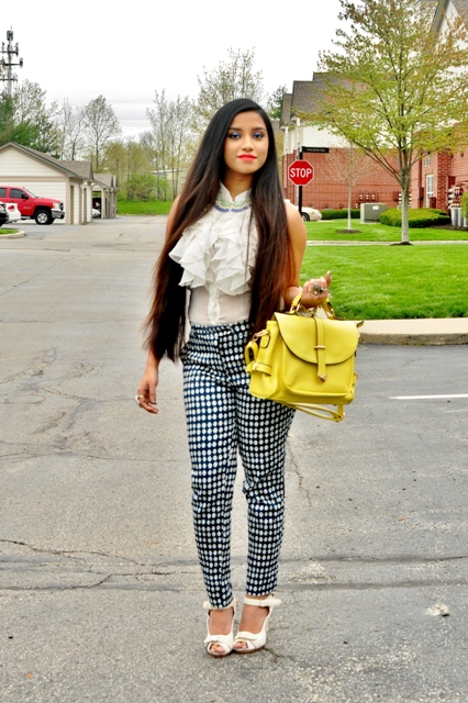 Outfit of the Day White Ruffle Top with Dotted Pants (3)