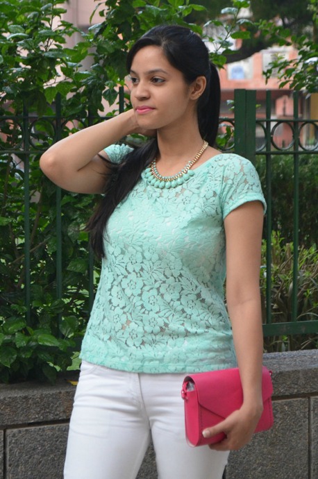 Mint Lace Top with Statement Necklace 3