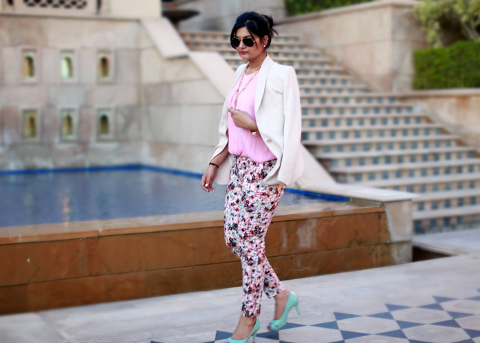 pink printed trousers