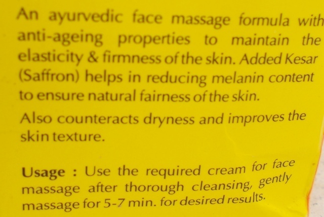 Nature’s Essence Saffron Care Kesar Fairness Massage Cream ingredients