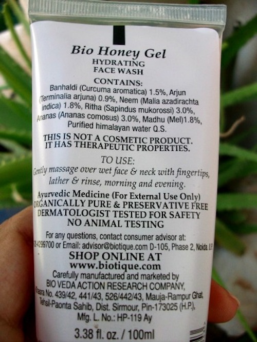 Biotique Hydrating Face Wash Bio Honey Gel ingredients