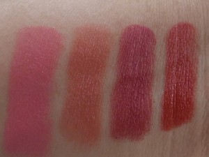 Colorbar Creme Touch Lipsticks Pink Carnation,Coco Cuddle,Blossom & Tropical Pink swatches