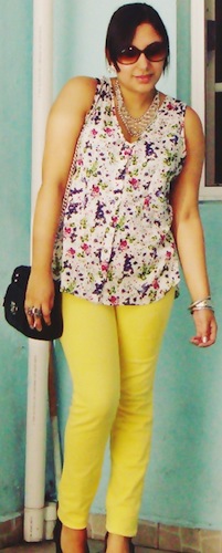 yellow pants with floral top