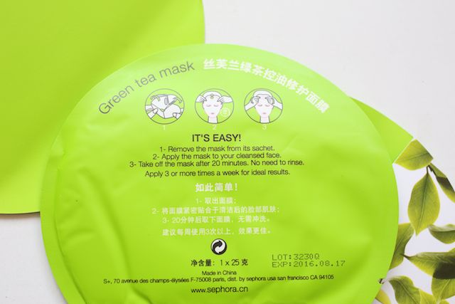 Sephora Green tea Sheet Mask ingredients