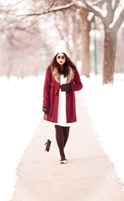 White Lace Dress with Marsala Overcoat