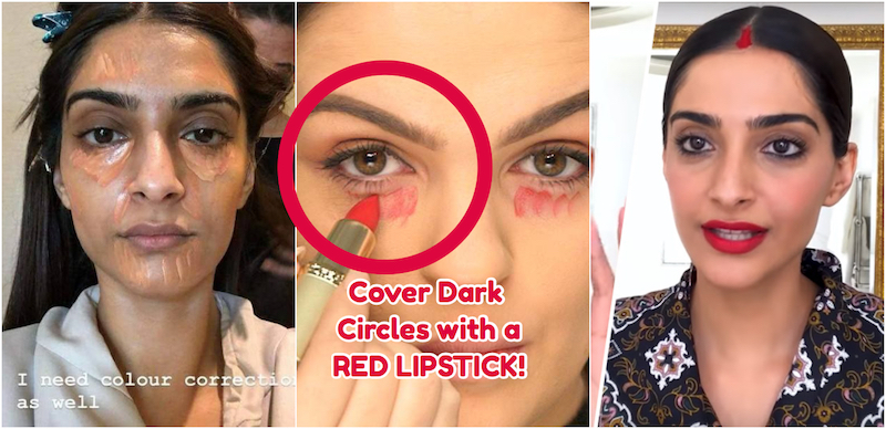 cover dark circles with red lipstick