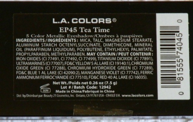Ingredients of L.A. Colors Tea Time 5-Color Metallic Eyeshadow Palette