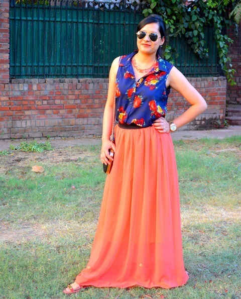 Outfit of the Day Floral Blouse with Neon Maxi Skirt (1)