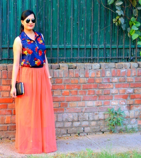 Outfit of the Day Floral Blouse with Neon Maxi Skirt (3)