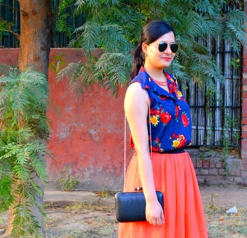 Outfit of the Day Floral Blouse with Neon Maxi Skirt (5)