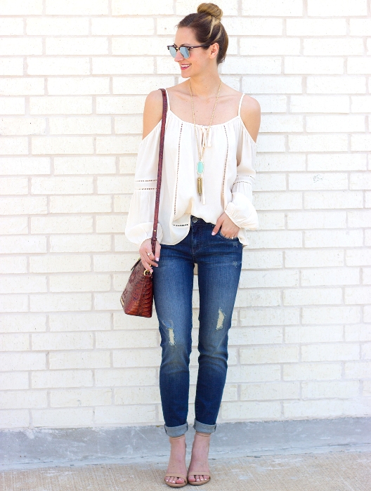 cold shoulder top with jeans