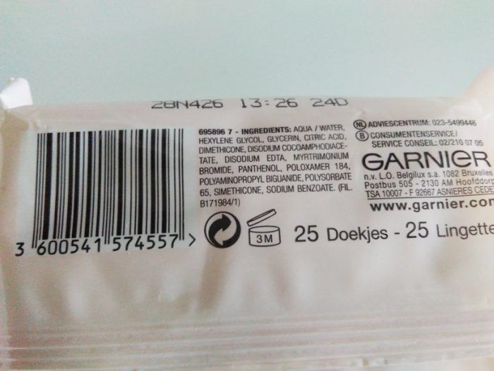 Garnier Micellar Extra-Gentle Cleansing Wipes Ingredients