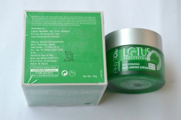 Lotus Herbals PHYTO-Rx Skin Firming Anti-Ageing Creme Ingredients