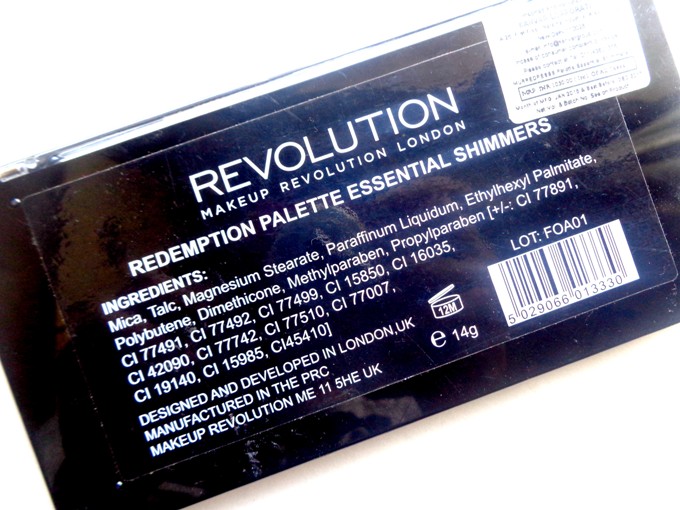 Makeup Revolution Essential Shimmers Redemption Palette details at the back