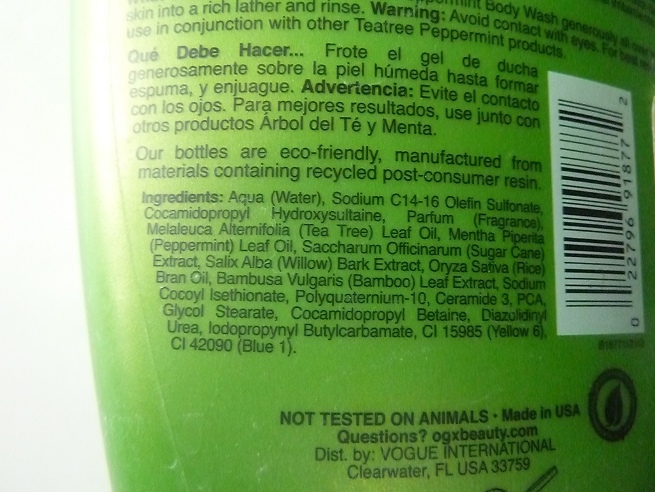 OGX Soothing Tea Tree and Peppermint Body Wash ingredients