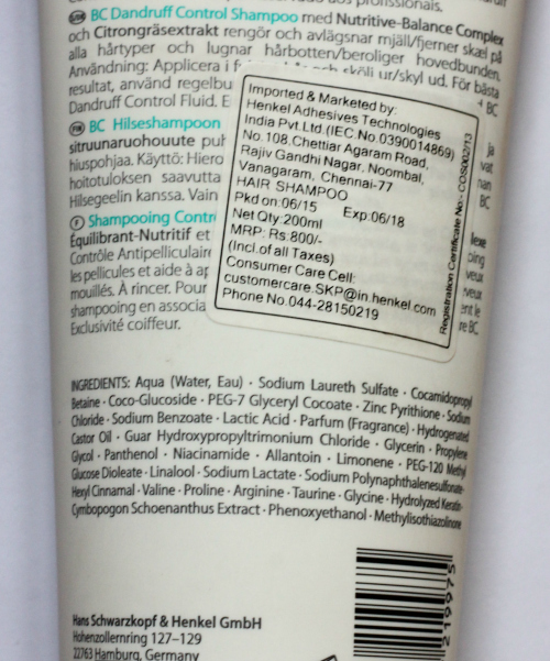 Schwarzkopf Bonacure Scalptherapy Dandruff Control Shampoo price ingredients