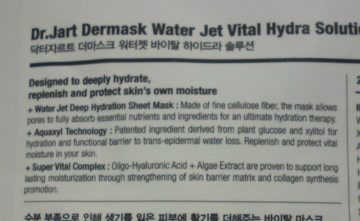 Dr. Jart+ Dermask Water Vital Hydra Solution Deep Hydration Sheet Mask details at the back