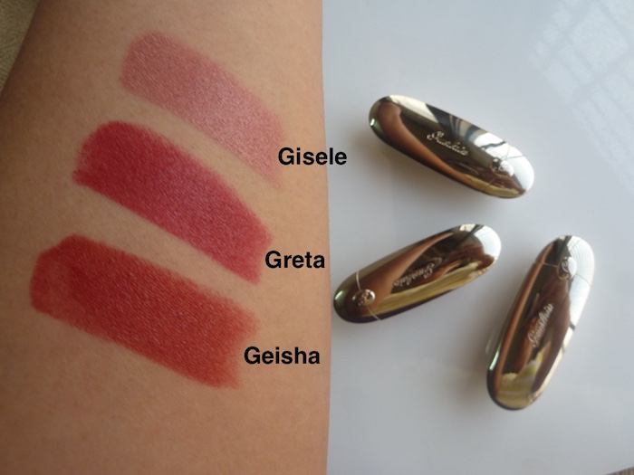 Guerlain Rouge Jewel Lipstick Compact 23 Geisha all three swatches