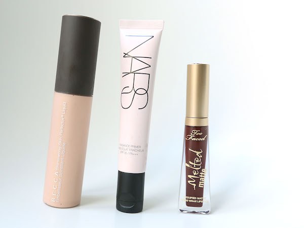 Becca Champagne Pop Shimmering Skin Perfector Liquid, NARS Radiance Primer, Too Faced Drop Dead Red Melted Matte Liquefied Lipstick Review