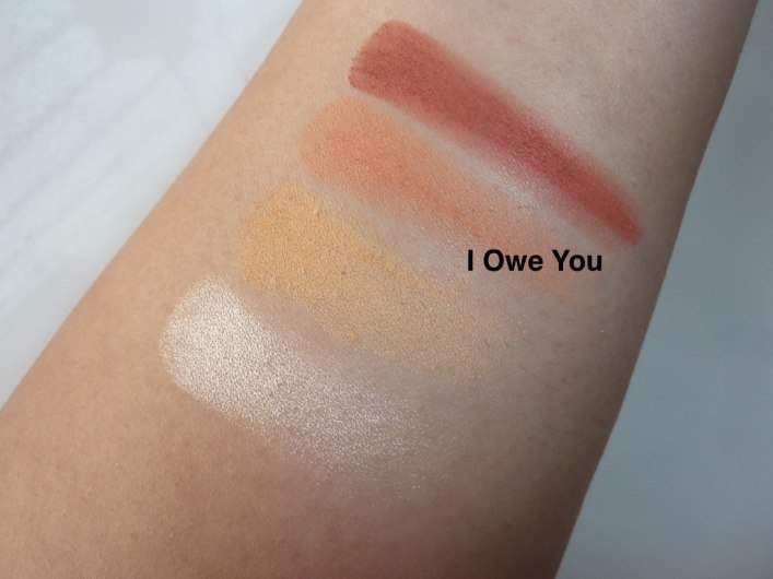 ColourPop I Owe You Matte Pressed Powder swatches on hand