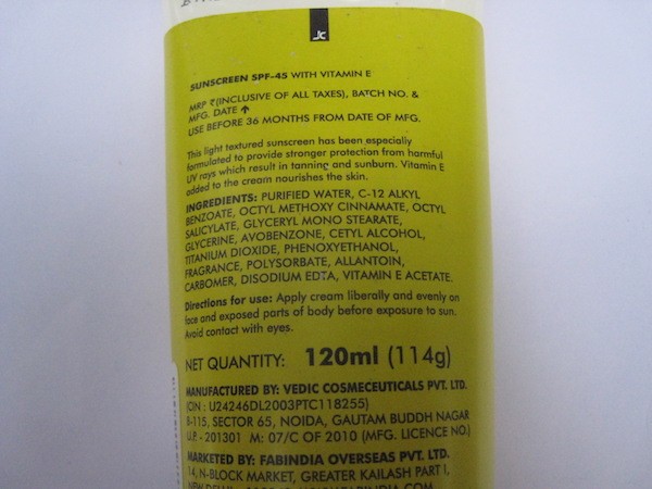 Fabindia Sunscreen SPF 45 ingredients