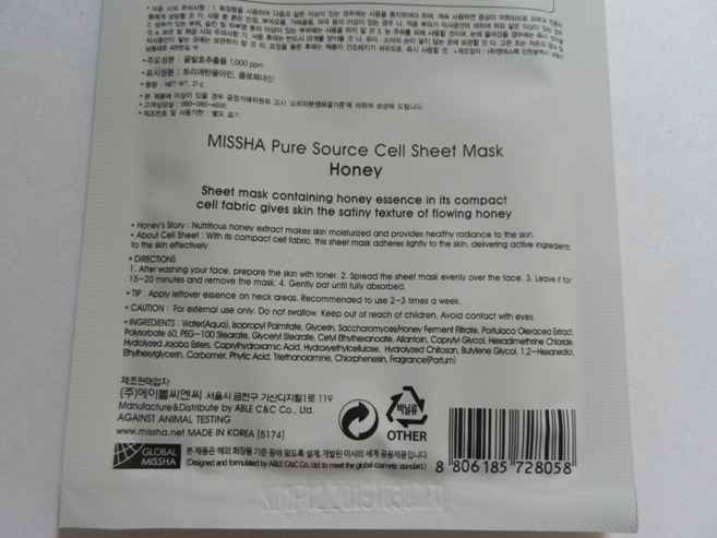 Missha-Honey-Pure-Source-Cell-Sheet-Mask-ingredients