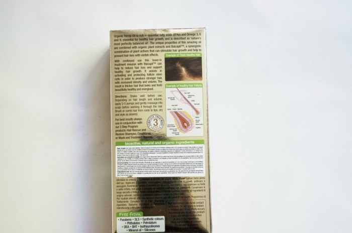 Dr Organic Hemp Oil Restoring Hair and Scalp Treatment Review Box back directions