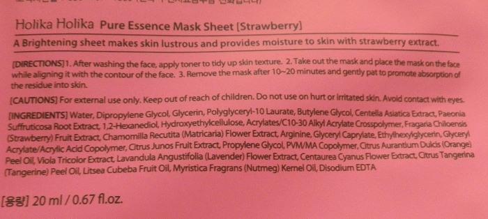 Back side of Holika Holika Pure Essence Sheet Mask Strawberry details
