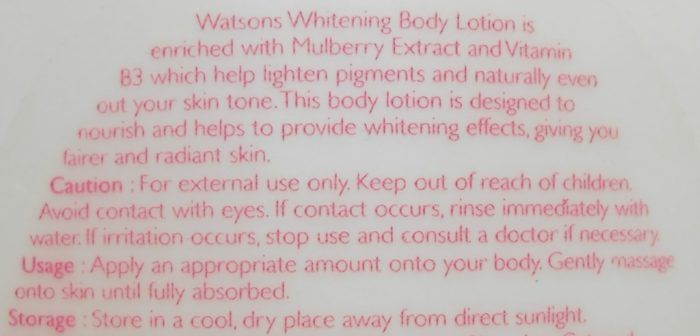 Watsons Whitening Body Lotion Mulberry Extract and Vitamin B3 Claims