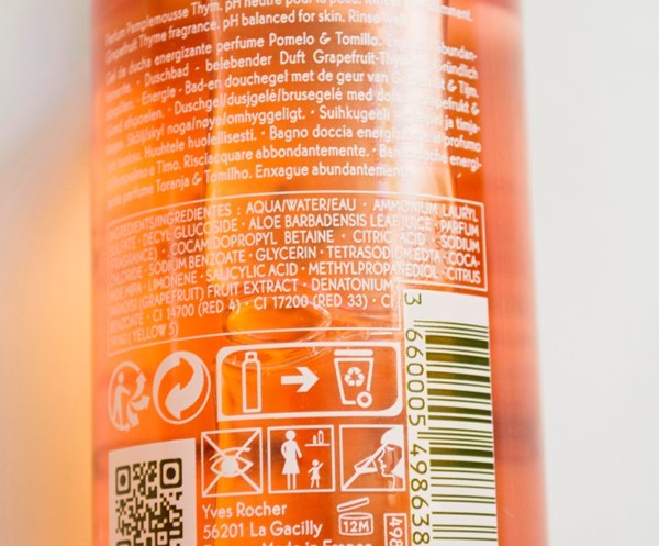 Yves Rocher Energizing Bath and Shower Gel Grapefruit and Thyme ingredients