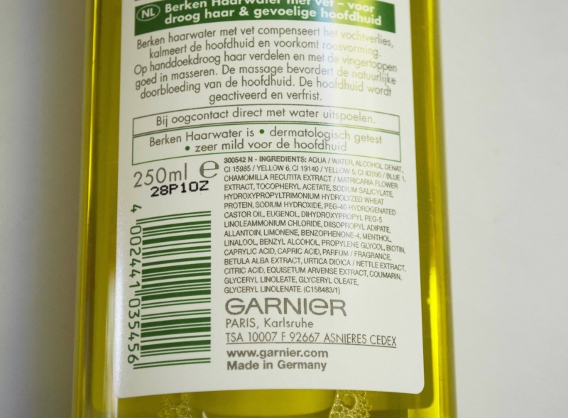 Garnier Birch Hair Water with Fat Review Ingredients