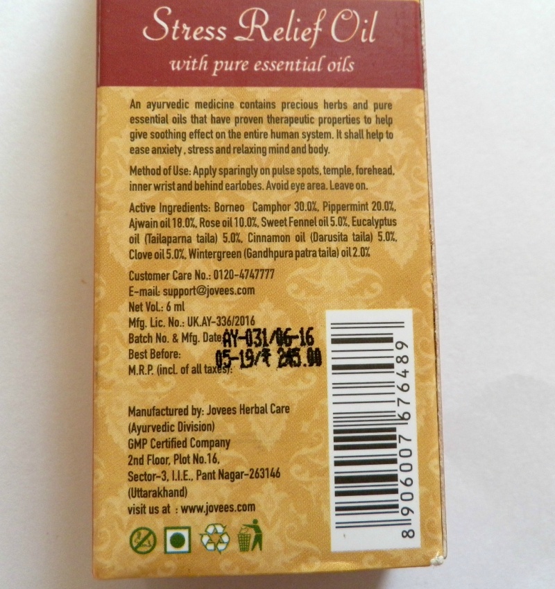 Jovees Ayurveda Peace of Mind Stress Relief Oil Review Back close