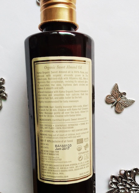Kama Ayurveda Organic Sweet Almond Oil details at the back
