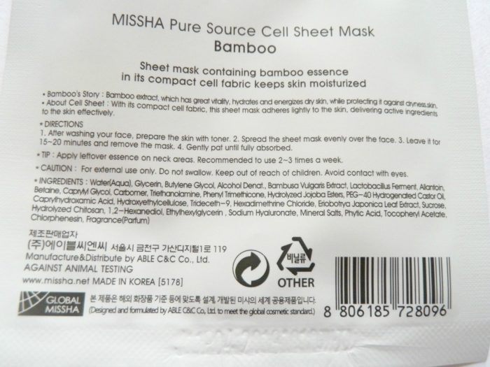 Missha Pure Source Cell Sheet Mask Bamboo Claims
